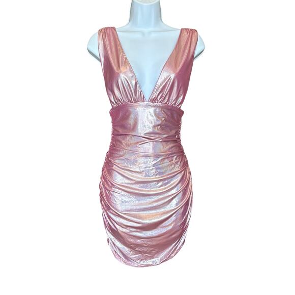 Superdown Metallic Pink Bodycon Mini Dress XS Ruched Iridescent Plunging $78 NEW - Picture 5 of 8
